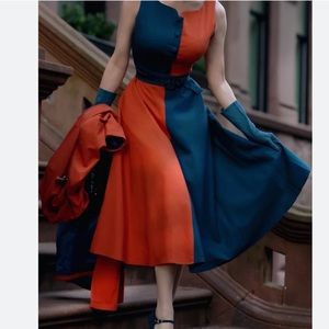 Colorblock Orange/Red and Teal Dress with Matching Coat